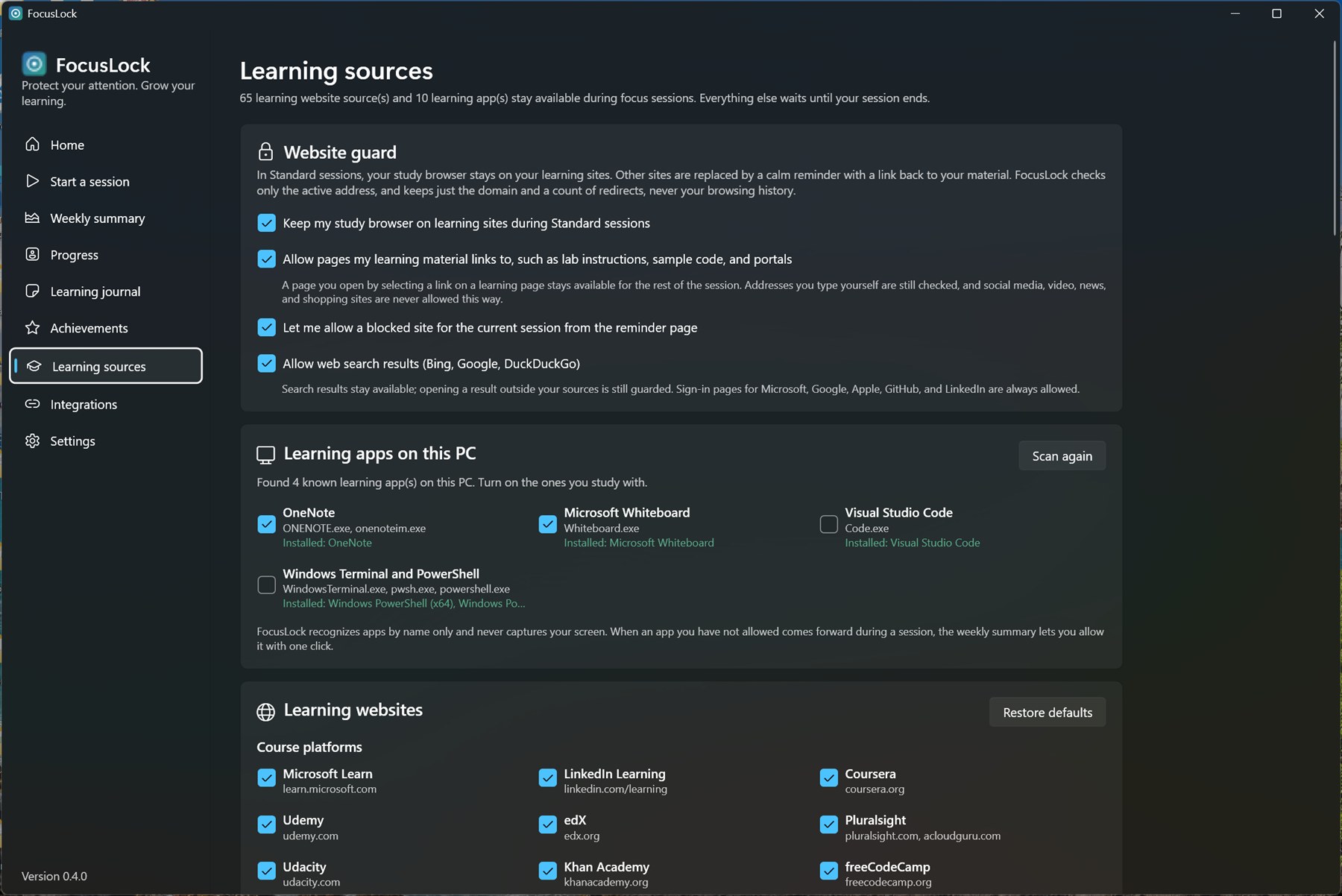 FocusLock learning sources: website guard settings, learning apps on this PC, and course platforms